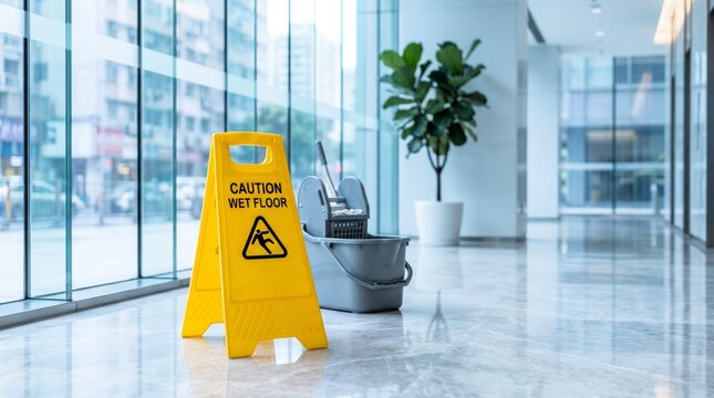 Bright yellow plastic wet floor caution sign standing beside a grey industrial mop bucket on shiny smooth indoor marble flooring
