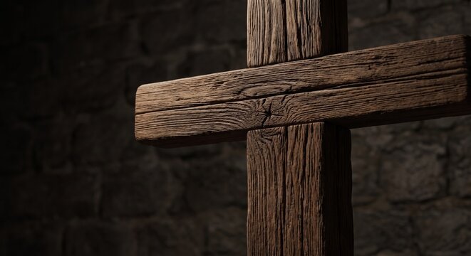 Close up of rustic wooden cross against dark stone wall background symbolizing faith christianity religion devotion and hope copy space
