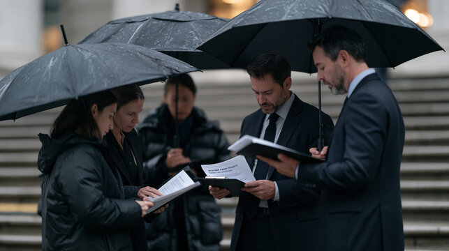 Panel moderators sharing documents under umbrellas on rain soaked conference venue steps, group in animated debate, stranded asset energy report visible on a clipboard, policy
