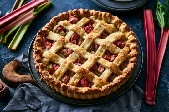 Classic rhubarb pie with golden crust on a rustic dark background