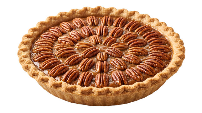 Delicious pecan pie with a golden brown crust and arranged pecans isolated on transparent background