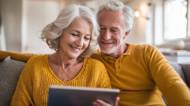 Happy senior couple using digital tablet together at home on cozy autumn evening