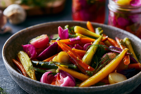 Colorful bowl of healthy fermented vegetables with pickled elements