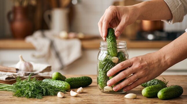 Pr&eacute;paration de conserves maison : mains remplissant un bocal en verre de concombres pour l'hiver
