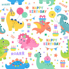 Dino birthday party seamless pattern illustration © Yurisma