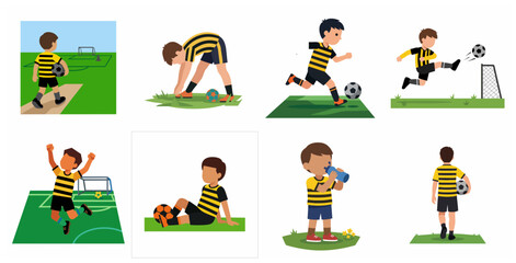 Fototapeta premium Vector illustration set of a young boy character playing soccer with various actions like training, scoring goals, celebrating, and resting on the field.