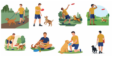 Fototapeta premium Set of flat vector illustrations depicting an active man walking, playing frisbee, and caring for his dog in the park, highlighting the bond between pet and owner.