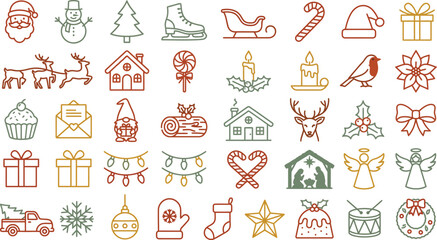 Naklejka premium A collection of hand drawn christmas icons featuring festive holiday elements like santa claus gifts trees and winter seasonal decorations