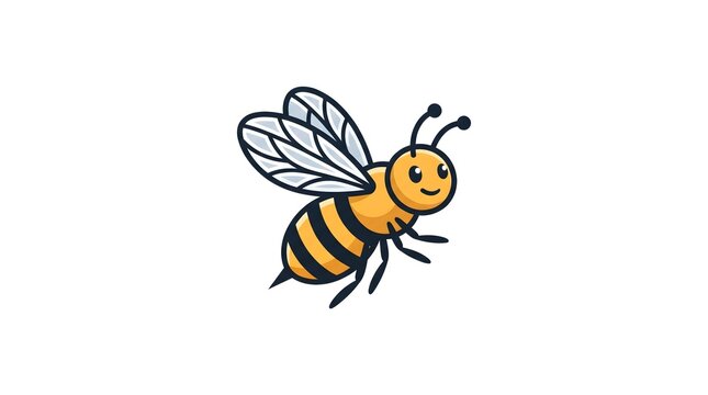 Cute honey bee cartoon character flying with a smiling face, isolated on a white background. Vector illustration of a happy little bumblebee logo mascot.