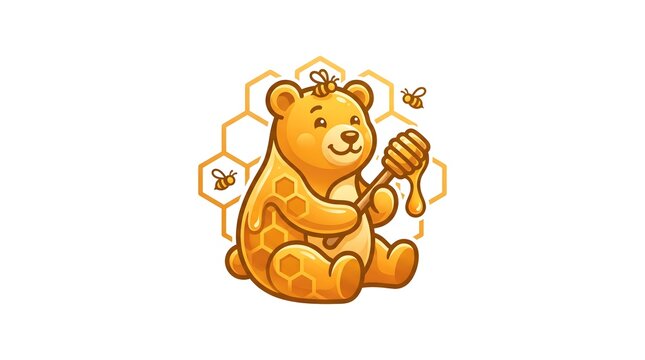 A cute cartoon honey bear sitting down and holding a wooden honey dipper, surrounded by honeycombs and small flying bees, designed in a warm vector style