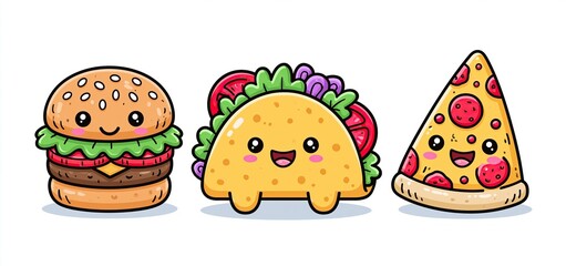 Fototapeta premium Cheerful fast food icons including a pizza slice, taco, and burger in bright colors celebrating snack time.