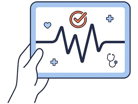 Digital health monitoring tablet held by hand displaying ECG heartbeat line and medical icons for healthcare technology and telemedicine applications.