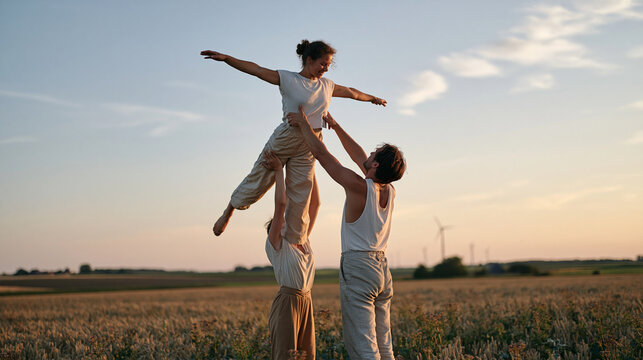 Street acrobat and a partner practicing balancing acts in a quiet rural landscape at dusk, supporting each other mid maneuver in a field, community arts, performance training,