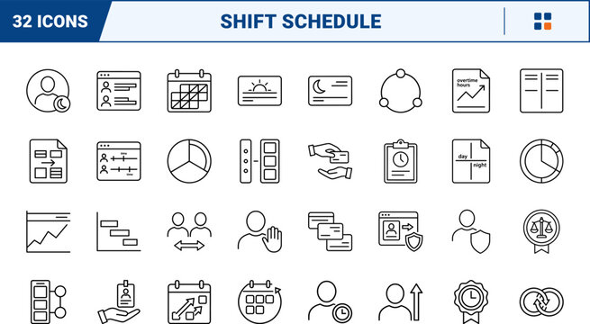 Work schedule rotation line icon set. Vector pictograms of shift management, roster planning, employee rotation, and timetable elements, thin linear illustration.