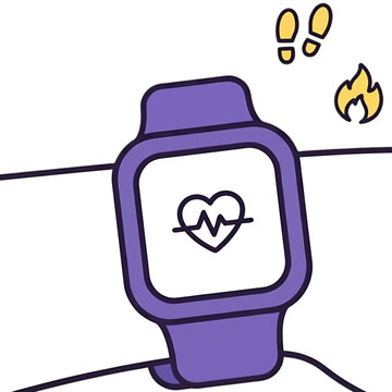 Smartwatch fitness tracker illustration showing heart rate monitor pulse and activity icons for digital health and wellness apps