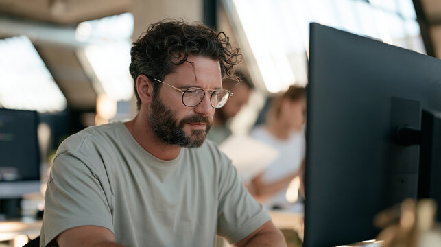 Freelance web developer squinting at a dual monitor setup in harsh midday sun streaming through warehouse skylights, colleagues nearby comparing invoices and tax documents, gig
