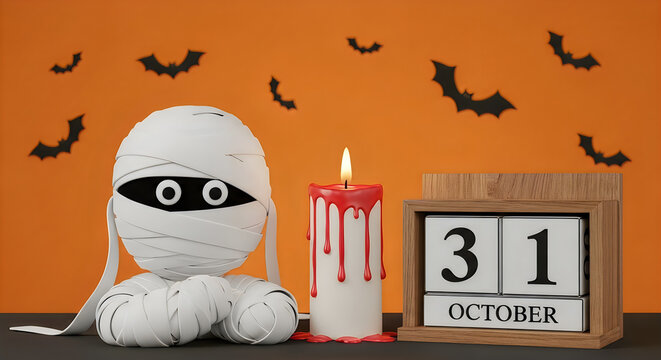 A cute mummy toy with a burning candle and a wooden calendar showing the date halloween october 31 holiday