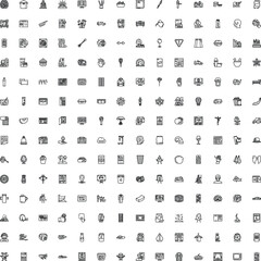 Fototapeta premium Diverse collection of minimalist outline icons representing various objects, concepts, and everyday items for user interface design, web applications, and graphic design projects