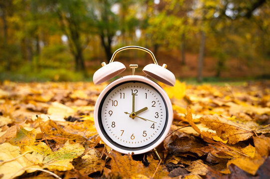 End of daylight saving time in autumn, winter time changeover, alarm clock fall back switch, colorful foliage in forest