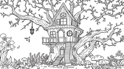 Naklejka premium Charming treehouse coloring page for adults and kids, cozy wooden cottage in giant tree with stairs hanging lantern birds and mushrooms vector line art 