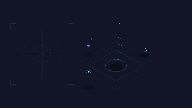 Futuristic HUD interface with glowing isometric data charts on dark background