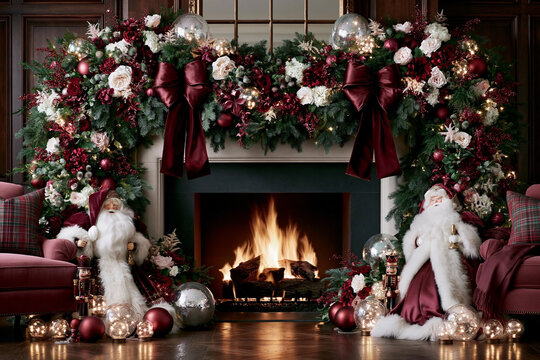 Festively decorated fireplace with Christmas garland, ornaments, and two Santa figurines, creating a warm holiday atmosphere in a cozy living room setting