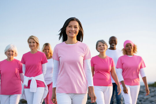 Group of diverse women and men wearing pink and white shirts walking together outdoors, smiling and enjoying a sunny day in a natural setting