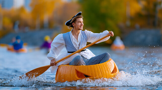 Young man in historical costume paddles a pumpkin boat on a river during autumn, surrounded by colorful trees and other paddlers in the background. Pumpkin regatta