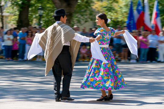 Traditional dancers in colorful attire perform a folk dance outdoors, showcasing vibrant costumes and lively movements in front of an audience with flags in the background