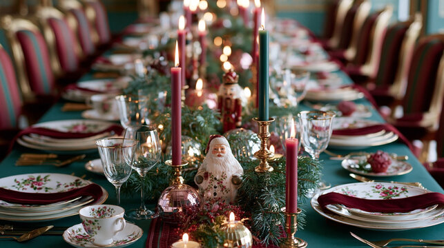 Elegant Christmas dining table set with fine china, candles, and festive decorations, featuring a Santa figurine and greenery in a luxurious dining room