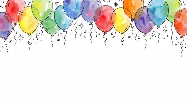 Watercolor party balloons top border with colorful festive confetti