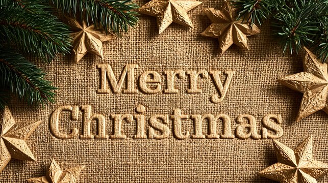 Merry Christmas text on burlap with gold stars
