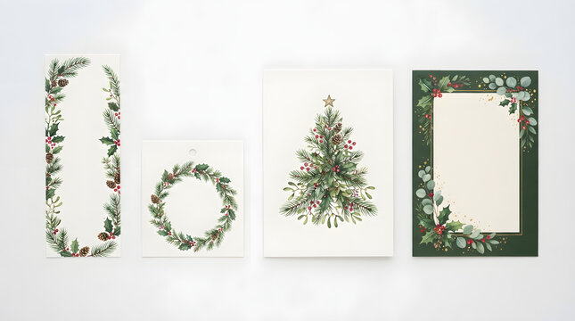 Watercolor christmas greeting cards and stationery with tree
