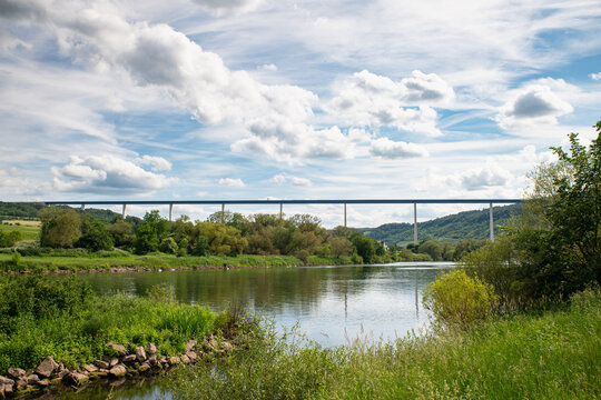 High Moselle bridge connecting the Mosel river valley near Zeltingen Rachtig, highway crossing rural landscape, german autobahn