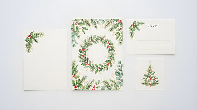 Watercolor christmas stationery set featuring center wreath and tree