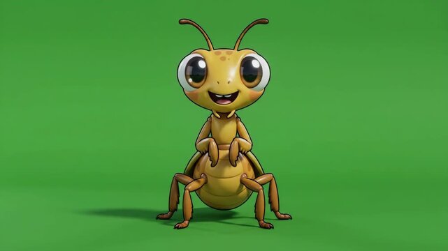 Cute cartoon ant character with big eyes on a vibrant green background, looking friendly and cheerful.