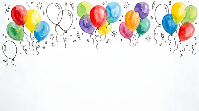 Watercolor birthday balloons border banner on white background