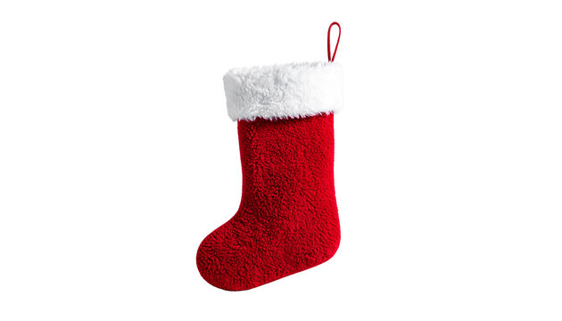 A cozy red and white knit Christmas stocking with a fur cuff, with a simple loop at the top, isolated on transparent background.