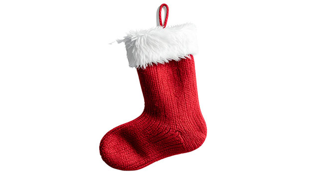 A cozy red and white knit Christmas stocking with a fur cuff, with a simple loop at the top, isolated on transparent background, PNG