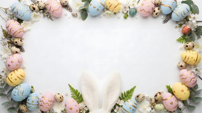 Easter frame with colorful eggs and bunny ears on white background