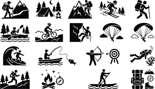 Outdoor Adventure Sports Scene Icon Set Hiking Camping Vector