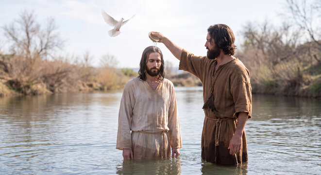 Jesus is baptized by John the Baptist in the Jordan River.
