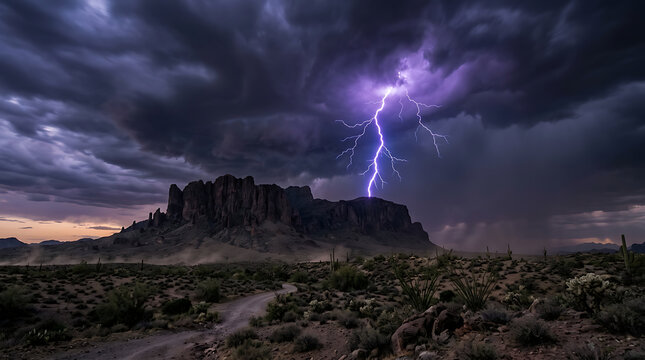 Dramatic lightning storm strikes desert mesa at dusk with intense purple glow
