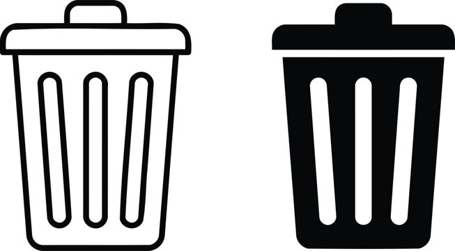 Bin icon set waste basket, garbage can, trash bin pictogram outline and filled style vectors