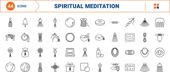 Fototapeta premium Mala Beads Tassel line icon set. Vector pictograms of meditation, prayer, accessory, and craft elements, thin linear illustration.