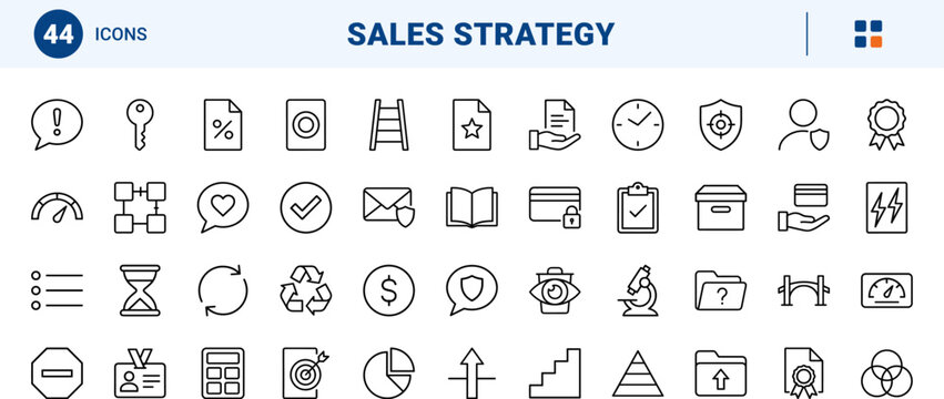 Business management line icon set. Vector pictograms of sales, communication, finance, and agreement elements, thin linear illustration.