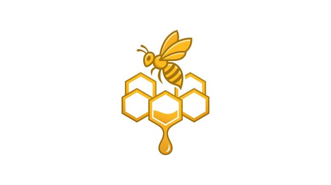 Vector logo illustration of a golden honey bee flying above a cluster of hexagonal honeycombs with a dripping honey drop isolated on a white background