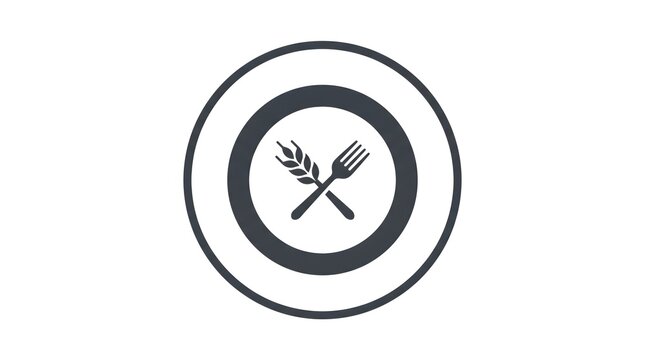 Minimalist vector icon of a plate with a crossed wheat stalk and fork