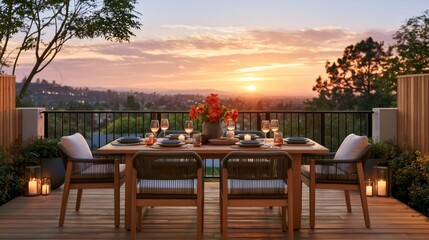 Fototapeta premium Outdoor dining table set on balcony at sunset