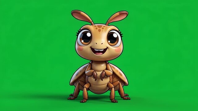 Cute cartoon insect character with big eyes and a happy expression on a vibrant green background.